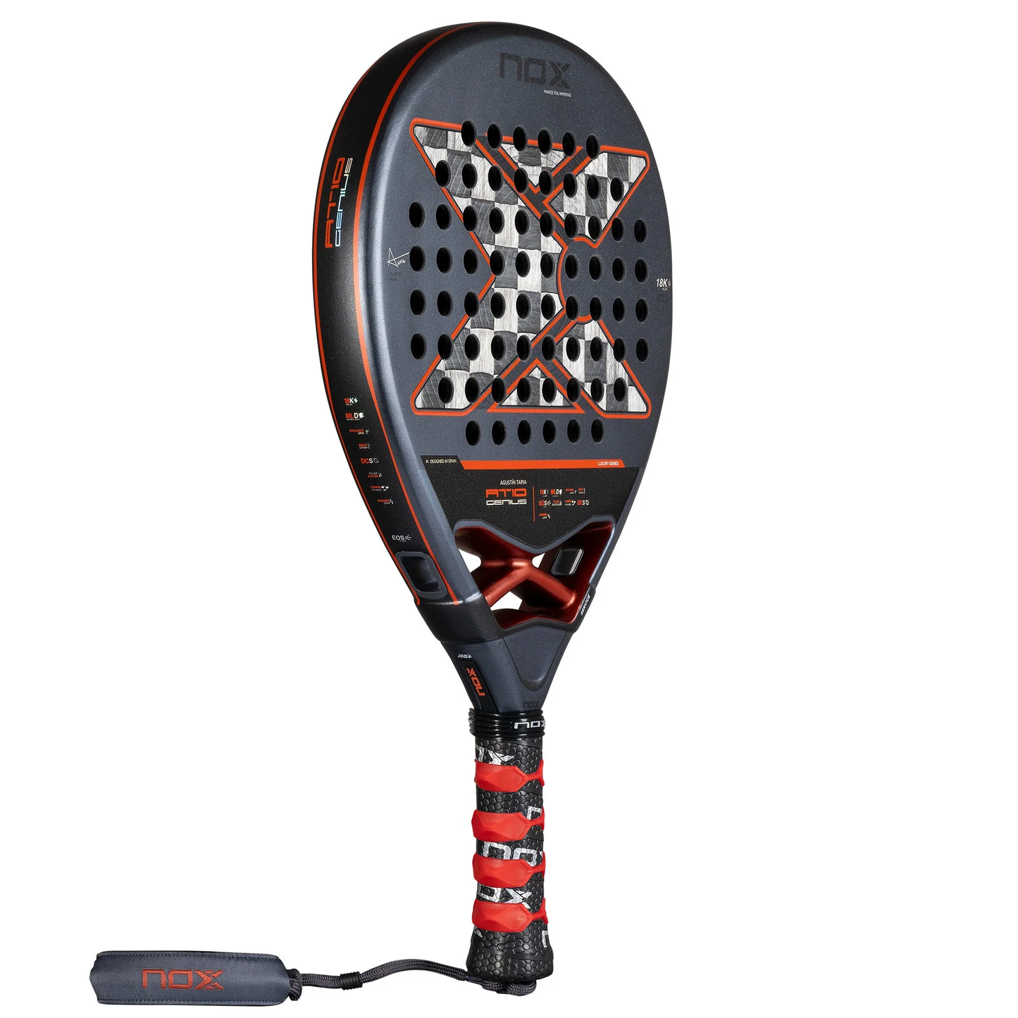 Side profile of NOX AT10 18K Tapia 2024 padel racket with HR3 core
