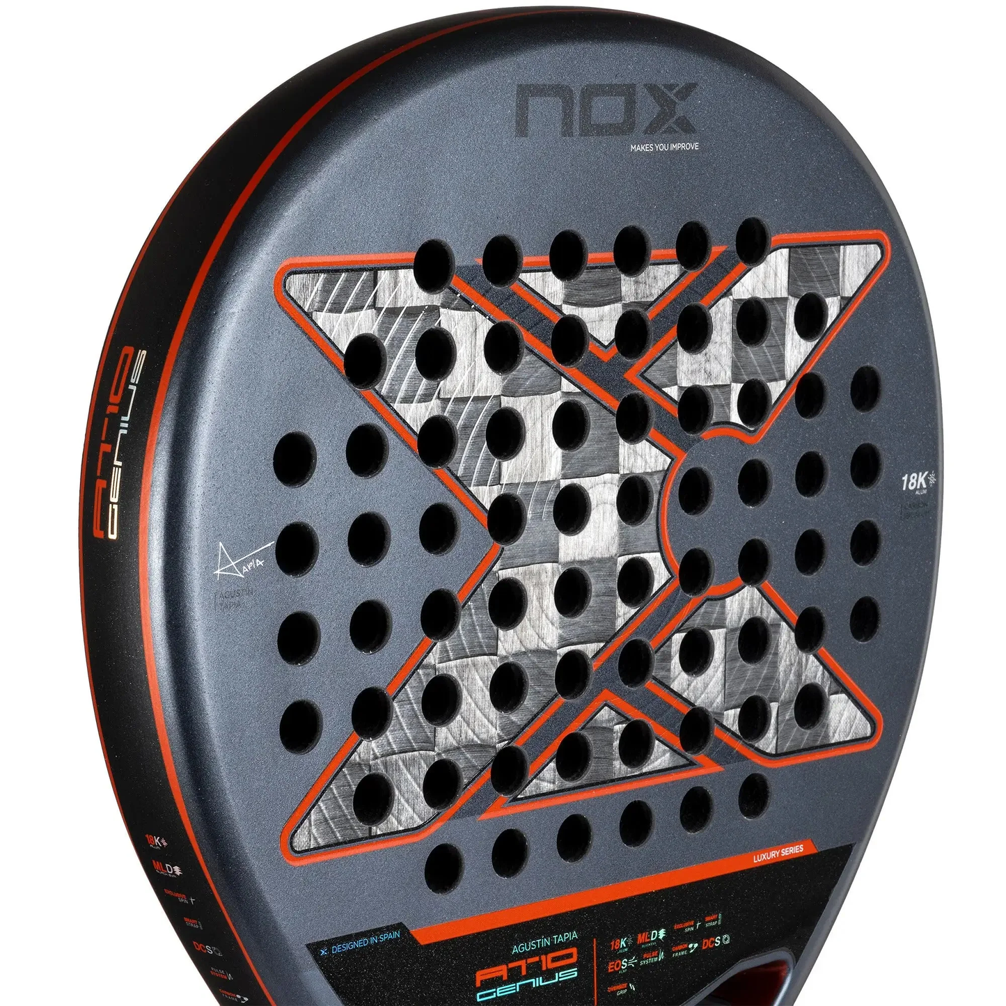 Front view of NOX AT10 18K Tapia racket with carbon 18K face