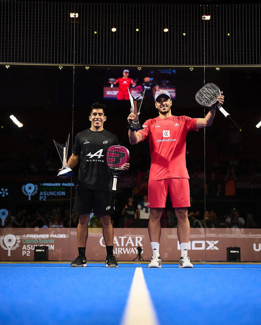 Galán and Chingotto celebrating Asunción P2 padel win with trophy – Premier Padel P2 champions 2025