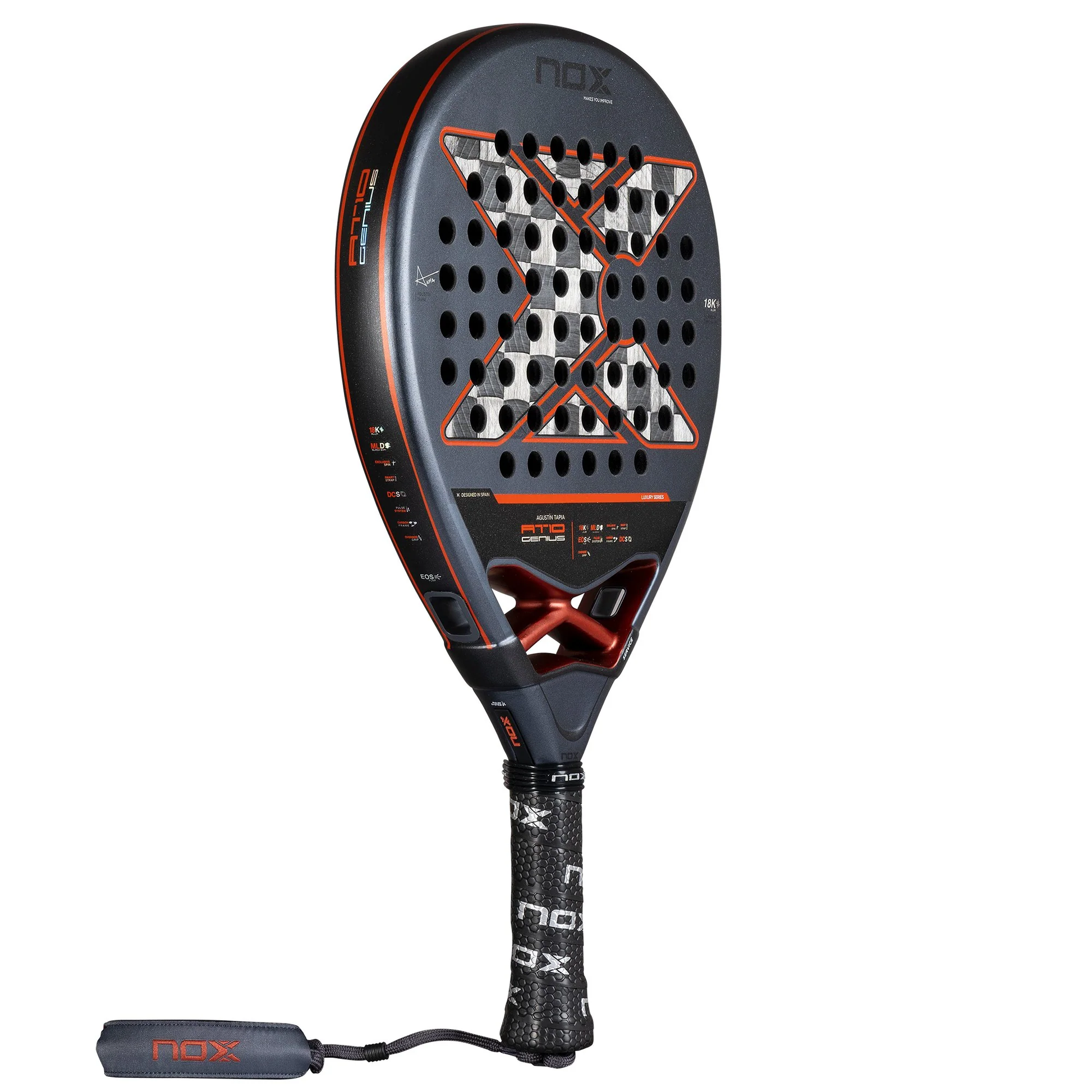 Side profile of NOX AT10 18K Tapia 2024 padel racket with HR3 core
