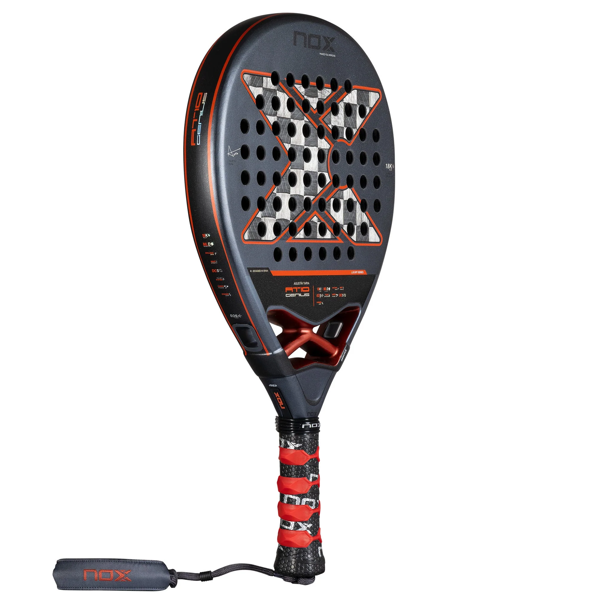 Side profile of NOX AT10 18K Tapia 2024 padel racket with HR3 core
