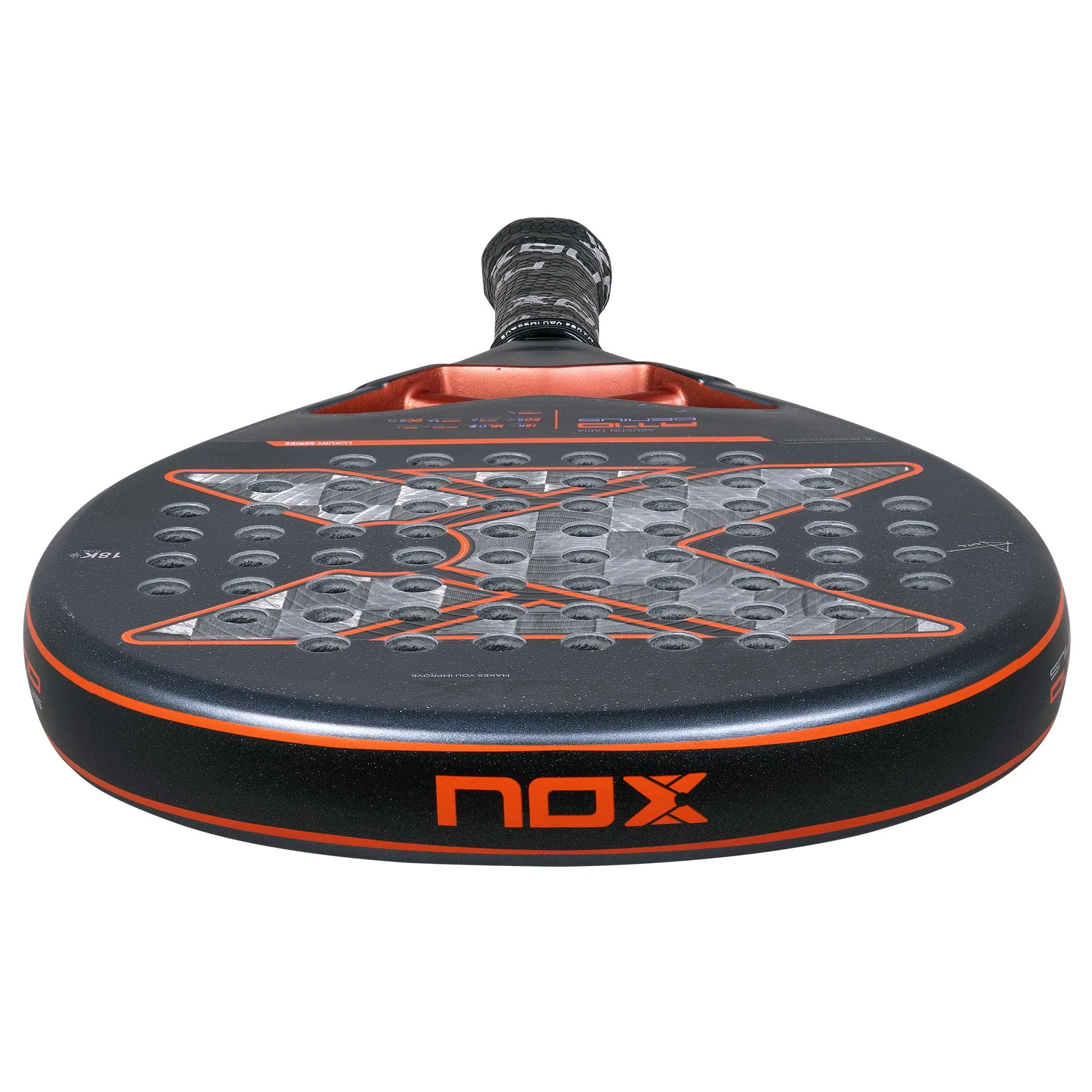 Top View of NOX AT10 18K Tapia 2024 padel racket showing the logo and the racket surface texture